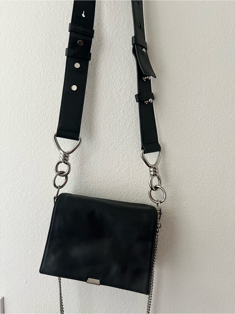 All Saints Black Leather Crossbody Clutch with Chain & Wide Strap - Picture 12 of 16